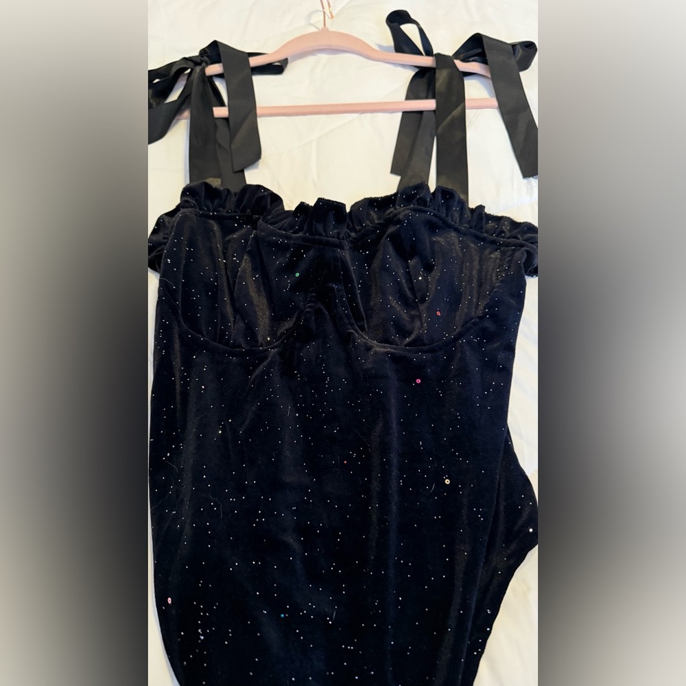 Black Sparkly Bodysuit with Adjustable Ribbon Tie Straps